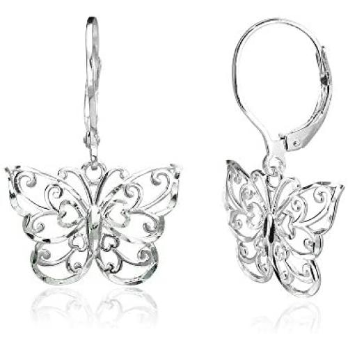 Sterling Silver Diamond-cut Filigree Thin Dainty Butterfly Dangle Drop Leverback Earrings