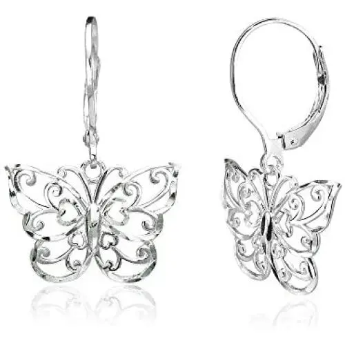 Sterling Silver Diamond-cut Filigree Thin Dainty Butterfly Dangle Drop Leverback Earrings Sterling Silver Diamond-cut Filigree Thin Dainty Butterfly Dangle Drop Leverback Earrings