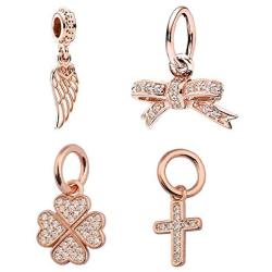 Ochoos Rose Gold Feather Bow Lucky in Love Clover Symbol of Faith Pendant Beads Fit Pandora Bracelet 925 Sterling Silver Charm Jewelry - (Color: 3)