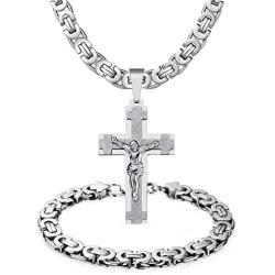 WESTMIAJW Mens Stainless Steel Silver Gold Jesus Cross Pendant Necklace Chain Bracelet Set Jewelry 45/50/55/60/65/70/75cm