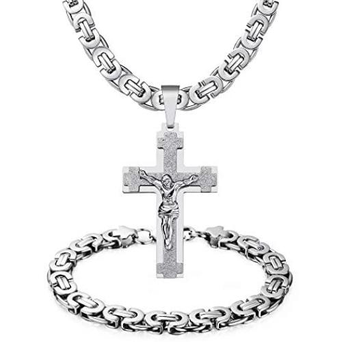 WESTMIAJW Mens Stainless Steel Silver Gold Jesus Cross Pendant Necklace Chain Bracelet Set Jewelry 45/50/55/60/65/70/75cm