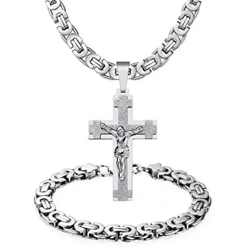 WESTMIAJW Mens Stainless Steel Silver Gold Jesus Cross Pendant Necklace Chain Bracelet Set Jewelry 45/50/55/60/65/70/75cm WESTMIAJW Mens Stainless Steel Silver Gold Jesus Cross Pendant Necklace Chain Bracelet Set Jewelry 45/50/55/60/65/70/75cm