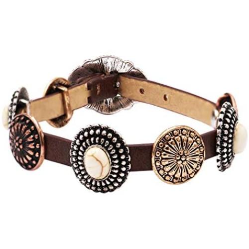 Rosemarie & Jubalee Womens Western Style Concho With Semi Precious Howlite Stone Genuine Leather Statement Buckle Bracelet