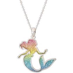 Disney Princess Little Mermaid Jewelry for Women and Girls, Ariel Rainbow Glitter Silver Plated Pendant Necklace, 18” Chain