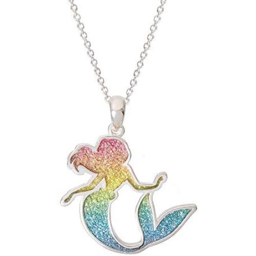 Disney Princess Little Mermaid Jewelry for Women and Girls, Ariel Rainbow Glitter Silver Plated Pendant Necklace, 18” Chain