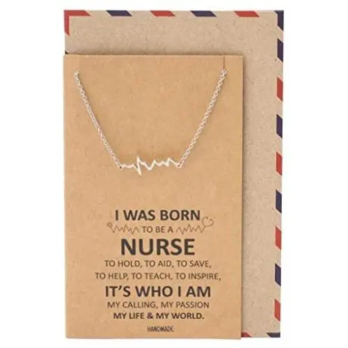 Quan Jewelry EKG Heartbeat Necklace, Lifeline Pulse Pendant, Female Nurse RN Nursing School Graduation Gifts with Greeting Card, 16-in to 18-in, Silver-Tone