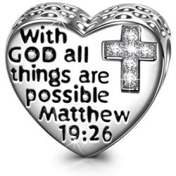 NINAQUEEN Religious Cross 925 Sterling Silver Charms with GOD All Things Are Possible Beads Charms for Pandöra Charm Bracelets Necklace Prayer Love Heart Shape Valentines Day Charms