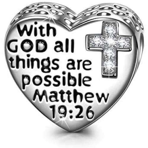 NINAQUEEN Religious Cross 925 Sterling Silver Charms with GOD All Things Are Possible Beads Charms for Pandöra Charm Bracelets Necklace Prayer Love Heart Shape Valentines Day Charms