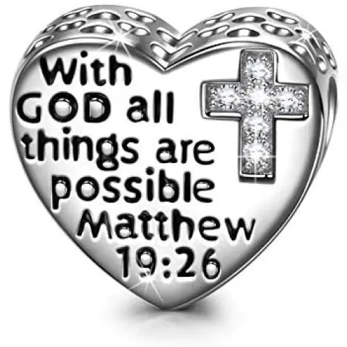 NINAQUEEN Religious Cross 925 Sterling Silver Charms with GOD All Things Are Possible Beads Charms for Pandöra Charm Bracelets Necklace Prayer Love Heart Shape Valentines Day Charms