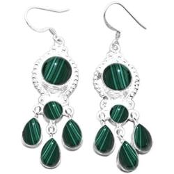 16.10ct, Genuine Malachite & 925 Silver Plated Dangle Earrings
