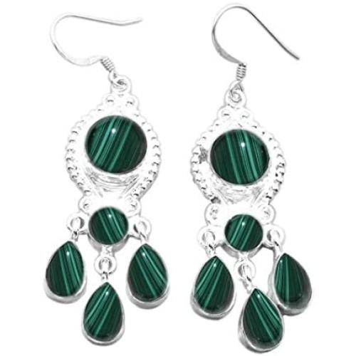 16.10ct, Genuine Malachite & 925 Silver Plated Dangle Earrings