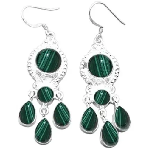 16.10ct, Genuine Malachite & 925 Silver Plated Dangle Earrings 16.10ct, Genuine Malachite & 925 Silver Plated Dangle Earrings
