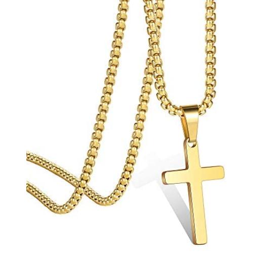 Ursteel Cross Necklace for Men, Stainless Steel Silver Black Gold Cross Pendant Necklace for Men, 16-24 Inches Box Chain