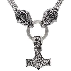 Viking Stainless Steel Odins Wolf Head Geri and Freki Handmade Heavy Duty Chain with Thor Hammer Mjolnir Pendant Necklace