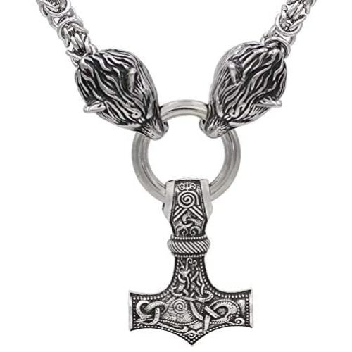 Viking Stainless Steel Odins Wolf Head Geri and Freki Handmade Heavy Duty Chain with Thor Hammer Mjolnir Pendant Necklace