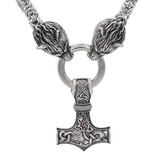 Viking Stainless Steel Odins Wolf Head Geri and Freki Handmade Heavy Duty Chain with Thor Hammer Mjolnir Pendant Necklace