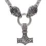 Viking Stainless Steel Odins Wolf Head Geri and Freki Handmade Heavy Duty Chain with Thor Hammer Mjolnir Pendant Necklace