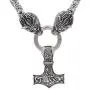 Viking Stainless Steel Odins Wolf Head Geri and Freki Handmade Heavy Duty Chain with Thor Hammer Mjolnir Pendant Necklace