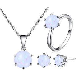 Uloveido Womens Created 8mm Round Fire Opal Necklace Stud Earrings Solitaire Rings Wedding October Birthstone Jewelry Set Gift Y436