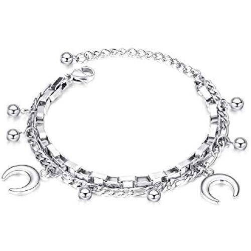 TIESLONG Jewelry Pendant Charm Dainty Bracelets for Women Fashion Personalized Gorgeous Stainless Steel Double Layered Chain Adjustable Size Cute Trendy Aesthetic Bracelet for Girls
