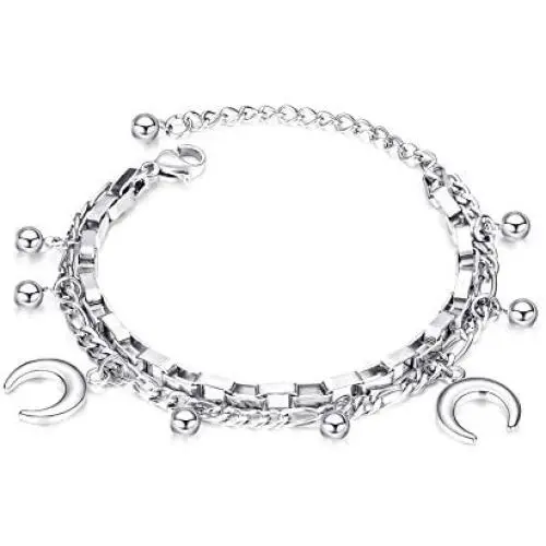 TIESLONG Jewelry Pendant Charm Dainty Bracelets for Women Fashion Personalized Gorgeous Stainless Steel Double Layered Chain Adjustable Size Cute Trendy Aesthetic Bracelet for Girls