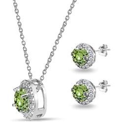 Sterling Silver Round Halo Necklace & Stud Earrings Set Made with Swarovski Crystals