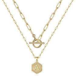 M MOOHAM Gold Initial Necklaces for Women, 14K Gold Plated Layered Initial Necklace Hexagon Pendant Toggle Clasp Layering Gold Chain Necklaces for Women Gold Layered Choker Necklaces for Women