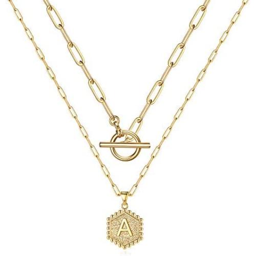 M MOOHAM Gold Initial Necklaces for Women, 14K Gold Plated Layered Initial Necklace Hexagon Pendant Toggle Clasp Layering Gold Chain Necklaces for Women Gold Layered Choker Necklaces for Women