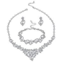 LOYALLOOK Silver-Tone Crystal Heart Bridal Bridesmaid Rhinestone Necklace Set Bracelet Dangle Earrings Wedding Prom Jewelry Sets