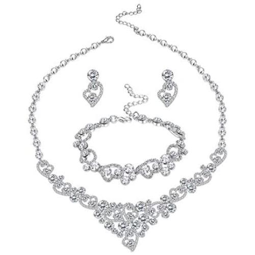 LOYALLOOK Silver-Tone Crystal Heart Bridal Bridesmaid Rhinestone Necklace Set Bracelet Dangle Earrings Wedding Prom Jewelry Sets
