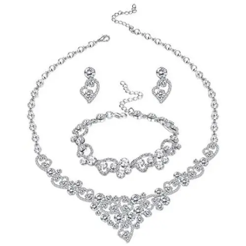 LOYALLOOK Silver-Tone Crystal Heart Bridal Bridesmaid Rhinestone Necklace Set Bracelet Dangle Earrings Wedding Prom Jewelry Sets