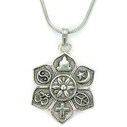 Coexist Necklace, 18'' Chain, 6 Petaled Flower Multi Religion Tolerance Peace Charm, Antiqued Silver Zinc Alloy 1” Pendant on 18” Stainless Snake Chain