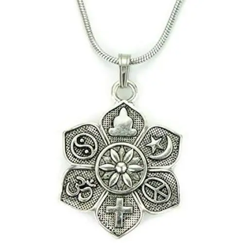 Coexist Necklace, 18'' Chain, 6 Petaled Flower Multi Religion Tolerance Peace Charm, Antiqued Silver Zinc Alloy 1” Pendant on 18” Stainless Snake Chain Coexist Necklace, 18'' Chain, 6 Petaled Flower Multi Religion Tolerance Peace Charm, Antiqued Silver Zinc Alloy 1” Pendant on 18” Stainless Snake Chain
