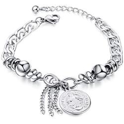 TEMICO Stainless Steel Cross Saint Benedict Coin Charm Bracelet for Women Catholic Exorcism Protection Jewelry