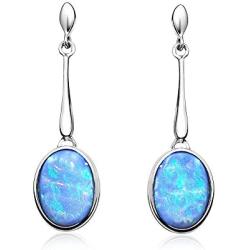 Paul Wright Created Opal Dangle Earrings in 925 Sterling Silver, 10x8mm Oval, Vibrant Blue Color, on Posts