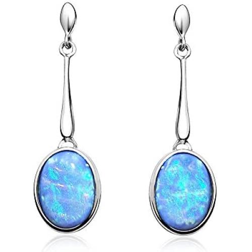 Paul Wright Created Opal Dangle Earrings in 925 Sterling Silver, 10x8mm Oval, Vibrant Blue Color, on Posts
