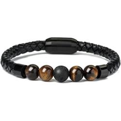 Ckysee 7 Chakra Lava Rock Bracelet Healing Balancing Genuine Leather Bracelets with Magnetic Clasp Tiger Eye Agate Howlite for Men