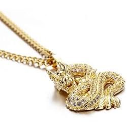 Mens Necklace Iced Out Micro Paved CZ 18K Gold Plated Dragon Pendant Necklace with Stainless Cuban Link Chain Hip Hop Jewelry