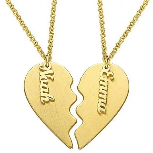 Personalized Broken Heart Necklace Couples Jewelry for Boyfriend Girlfriend- Precious Metal Silver 925 or 10K Gold Engraved Couple Pendant Valentine Day Love Gift