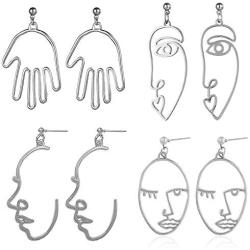 Gmillions Face Hand Earrings for Women Hollow Statement Geometric Fun Abstract Art Earrings set 4 pcs