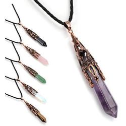 Ylwjewelry Chakra Stone Pendant Necklace,Natural Gemstone Crystals Bronze Hexagonal Pointed Necklaces for Women Men Hand Made Exquisite Elegant Unisex Pendant Necklace