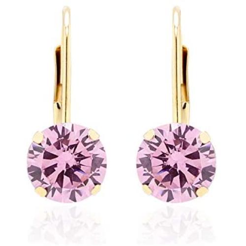 Quality Jewels 14k Gold Earrings, Yellow Gold Dangle Earrings with Round Cubic Zirconia Stone and Easy-to-Use Secure Leverback Clasp
