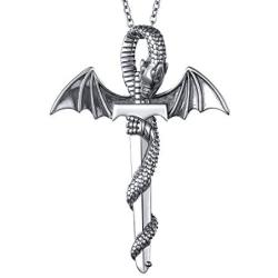 S925 Sterling Silver Punk Oxidized Vintage Dragon Wing Sword Pendant Necklace