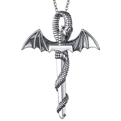 S925 Sterling Silver Punk Oxidized Vintage Dragon Wing Sword Pendant Necklace