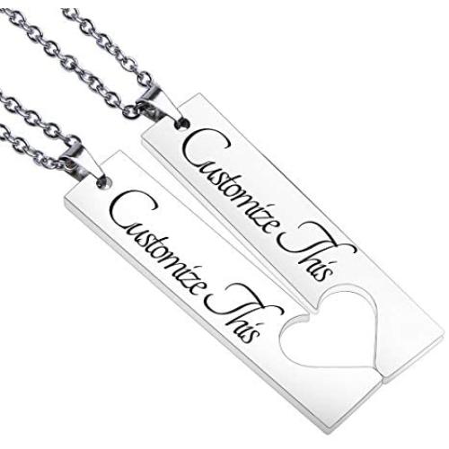 Fanery Sue 2PC Personalized Name Necklace Custom Engraved Matching Heart Puzzles Pendant Anniversary for Couples Best Friends