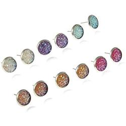 Druzy Quartz Stud Earrings Set 12mm Round Silver Sparkly Crystal Rhinestone Ear Studs Pierced Jewelry for Women Girls 6 Pairs/Set