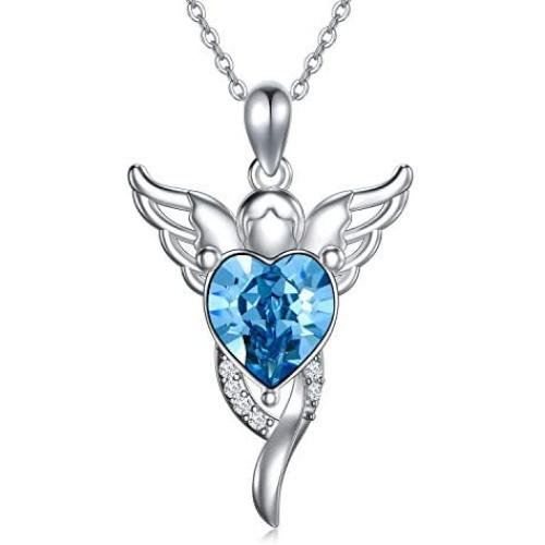 AOBOCO Guardian Angel Wings Sterling Silver Angel Wings with Blue Heart Embellished with Crystals from Swarovski Birthday Christmas Jewelry Gifts Ideas