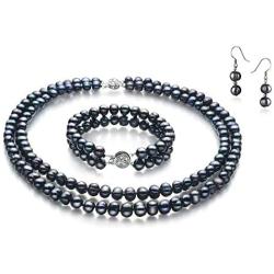 Julika Black 6-7mm Double Strand A Quality Freshwater 925 Sterling Silver Cultured Pearl Set For Women