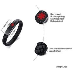 VNOX Custom Engraving Medical Alert Emergency Jewelry-Black Braided Leather Medical Symbol Caduceus with Magnetic Clasp Cuff Wristband Bracelet,8.2''