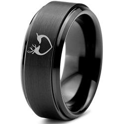 Hunter Celtic Spiritual Deer Antler Heart Ring - Tungsten Band 8mm - Men - Women - 18k Rose Gold Step Bevel Edge - Yellow - Grey - Blue - Black - Brushed - Polished - Wedding - Gift Dome Flat Cut